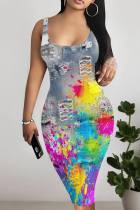 Casual Faux Denim Print Basic U Neck Vest Dresses