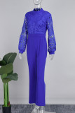 Casual Solid Hollowed Out See-through Half A Turtleneck Regular Jumpsuits
