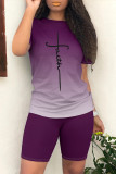Casual Daily Gradient Print Letter Print Contrast O Neck Short Sleeve Two Pieces