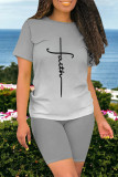 Casual Daily Gradient Print Letter Print Contrast O Neck Short Sleeve Two Pieces