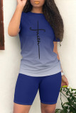 Casual Daily Gradient Print Letter Print Contrast O Neck Short Sleeve Two Pieces