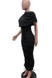 Street Solid Color Draw String Ruched Patchwork O Neck Long Dresses