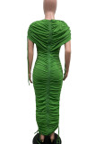 Street Solid Color Draw String Ruched Patchwork O Neck Long Dresses