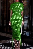 Street Solid Color Draw String Ruched Patchwork O Neck Long Dresses