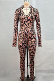 Sexy Leopard Print Zipper Patchwork O Neck Skinny Jumpsuits