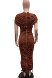 Street Solid Color Draw String Ruched Patchwork O Neck Long Dresses
