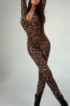 Sexy Leopard Print Zipper Patchwork O Neck Skinny Jumpsuits