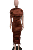 Street Solid Color Draw String Ruched Patchwork O Neck Long Dresses