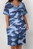 Casual Camouflage Print Pocket Contrast V Neck Printed Plus Size Dresses