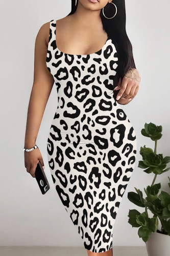 Sexy Leopard Print Patchwork U Neck Wrapped Skirt Dresses