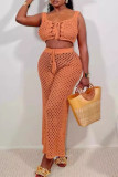 Sexy Solid Color Hollow Out Strap Design Patchwork U Neck Sleeveless Two Pieces