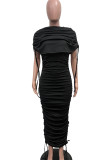 Street Solid Color Draw String Ruched Patchwork O Neck Long Dresses