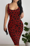 Sexy Leopard Print Patchwork U Neck Wrapped Skirt Dresses