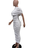 Street Solid Color Draw String Ruched Patchwork O Neck Long Dresses