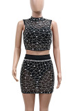 Sexy See-Through Hot Drill Patchwork Half A Turtleneck Sleeveless Two Pieces
