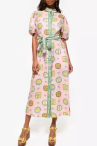 Celebrities Print Pocket Buckle Strap Design Patchwork O Neck Long Dresses