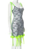 Street Lace See-Through Strap Design Bow Decor Patchwork Contrast Spaghetti Strap Wrapped Skirt Dresses