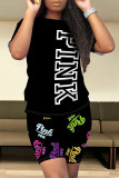 Casual Letter Print Contrast O Neck Short Sleeve Two Pieces