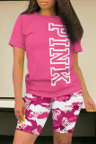 Casual Letter Print Contrast O Neck Short Sleeve Two Pieces