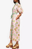 Celebrities Print Pocket Buckle Strap Design Patchwork O Neck Long Dresses
