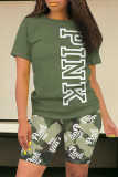 Casual Letter Print Contrast O Neck Short Sleeve Two Pieces