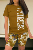 Casual Letter Print Contrast O Neck Short Sleeve Two Pieces