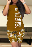 Casual Letter Print Contrast O Neck Short Sleeve Two Pieces