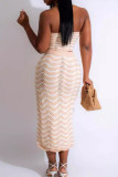 Celebrities Stripe Hollow Out Backless High Slit Patchwork Strapless Sleeveless Two Pieces