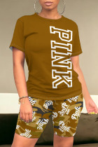 Casual Letter Print Contrast O Neck Short Sleeve Two Pieces