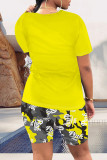 Casual Letter Print Contrast O Neck Short Sleeve Two Pieces