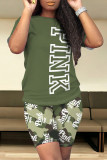 Casual Letter Print Contrast O Neck Short Sleeve Two Pieces