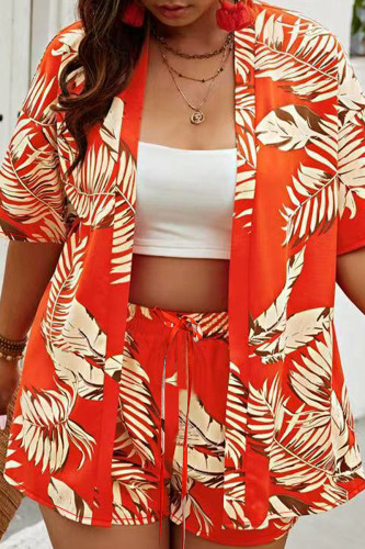 Casual Print Strap Design Patchwork Cardigan Collar Short Sleeve Two Pieces