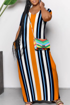 Casual Striped Print Pocket Patchwork V Neck Straight Dresses