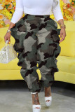 Street Camouflage Print Pocket Patchwork Ruffled Trim Loose High Waist Pencil Full Print Bottoms