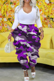 Street Camouflage Print Pocket Patchwork Ruffled Trim Loose High Waist Pencil Full Print Bottoms
