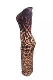 Celebrities Leopard Print Zipper Patchwork O Neck Wrapped Skirt Dresses