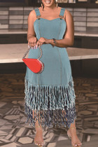 Street Solid Color Backless Patchwork Fringed Hem Square Neck Irregular Plus Size Dresses