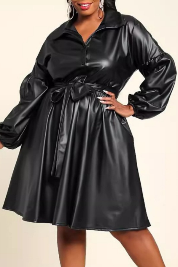 Casual Solid Color Belted Turndown Collar Long Sleeve Plus Size Dresses