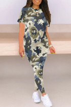 Casual Camouflage Print Contrast O Neck Short Sleeve Two Pieces