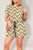 Casual Ripple Print Draw String Pocket O Neck Loose Rompers