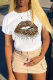 Casual Leopard Print Lips Print O Neck T-Shirts