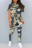 Casual Camouflage Print Contrast O Neck Short Sleeve Two Pieces