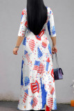 Casual Print Strap Design Patchwork V Neck Long Dresses
