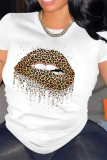 Casual Leopard Print Lips Print O Neck T-Shirts