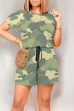 Casual Street Camouflage Print Draw String Pocket O Neck Loose Rompers