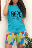 Casual Gradient Print Letter Print Contrast O Neck Short Sleeve Two Pieces