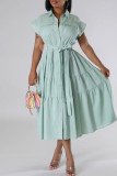 Celebrities Solid Color Pocket Buckle Strap Design Patchwork Turndown Collar A Line Dresses