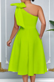 Celebrities Solid Color Bow Decor Patchwork Oblique Collar A Line Dresses