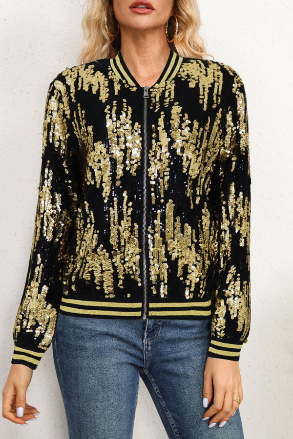 Street Sequins Patchwork Zipper O Neck Outerwear