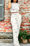 Casual Daily Geometric Print Pocket Contrast O Neck Short Sleeve Two Pieces